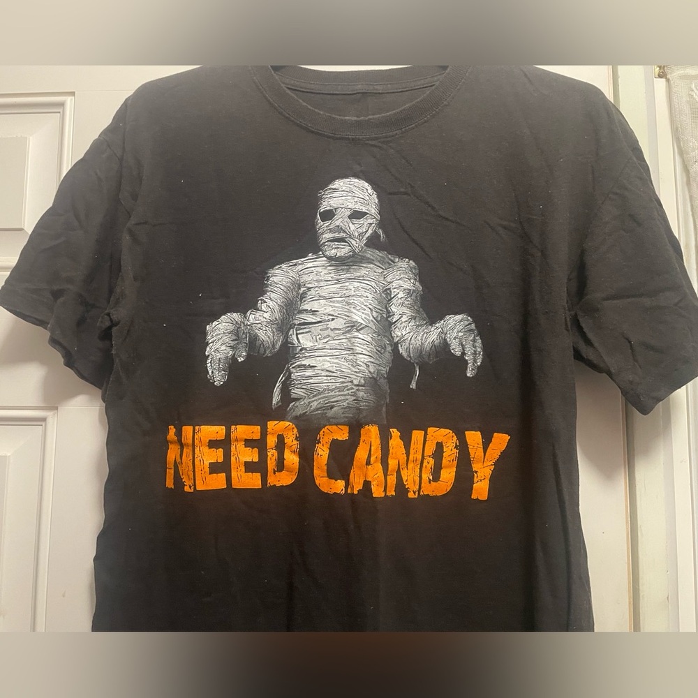 Black Halloween T- shirt with mummy on front saying, "Need Candy." - Picture 2 of 4